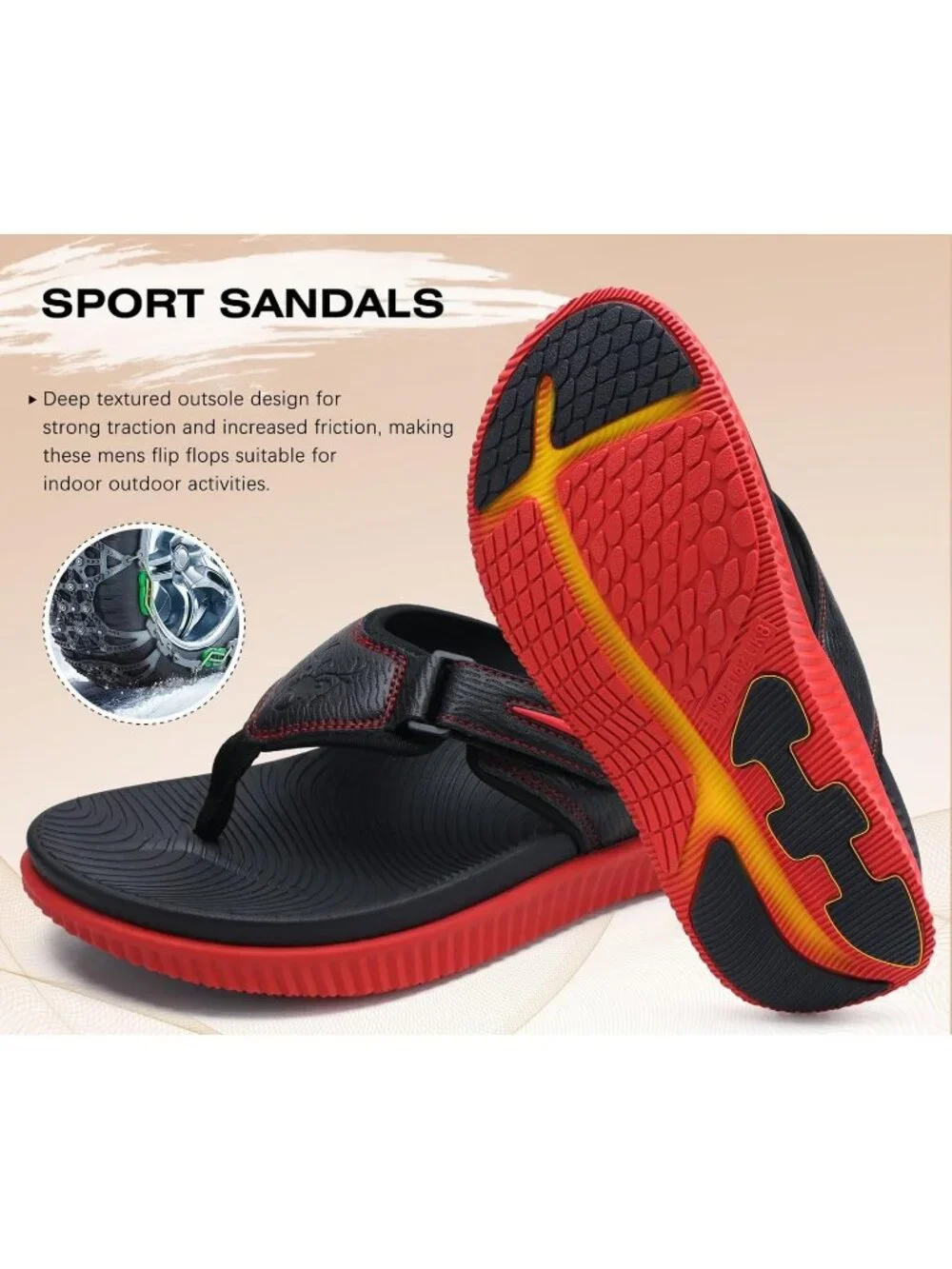 Men Red Black Adjustable Thick Athletic Cushion Orthotic Flip Flops Sandal Shoes